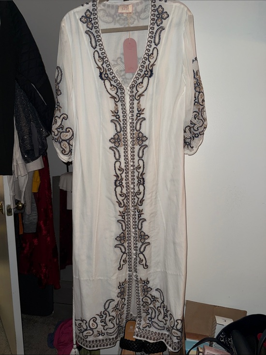 calling june Dresses & Skirts - Embroidered White Maxi Dress with Navy & Tan Accents by J. Crew
